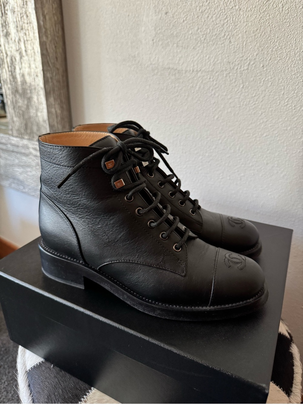 CHANEL Black Leather Lace-Up Combat Boots